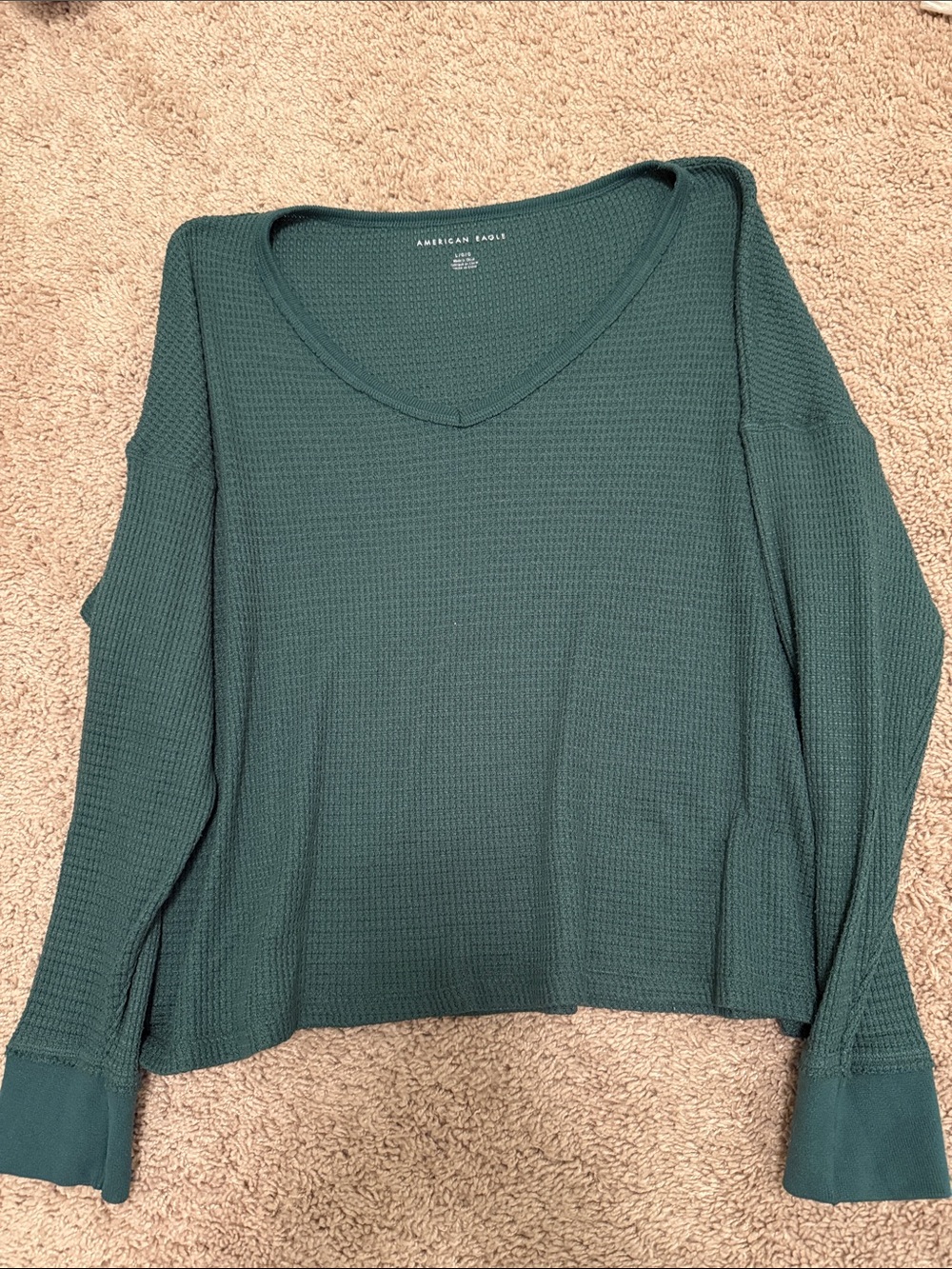 American Eagle Outfitters Women's Deep Green Waffle V-Neck Long Sleeve Top -L